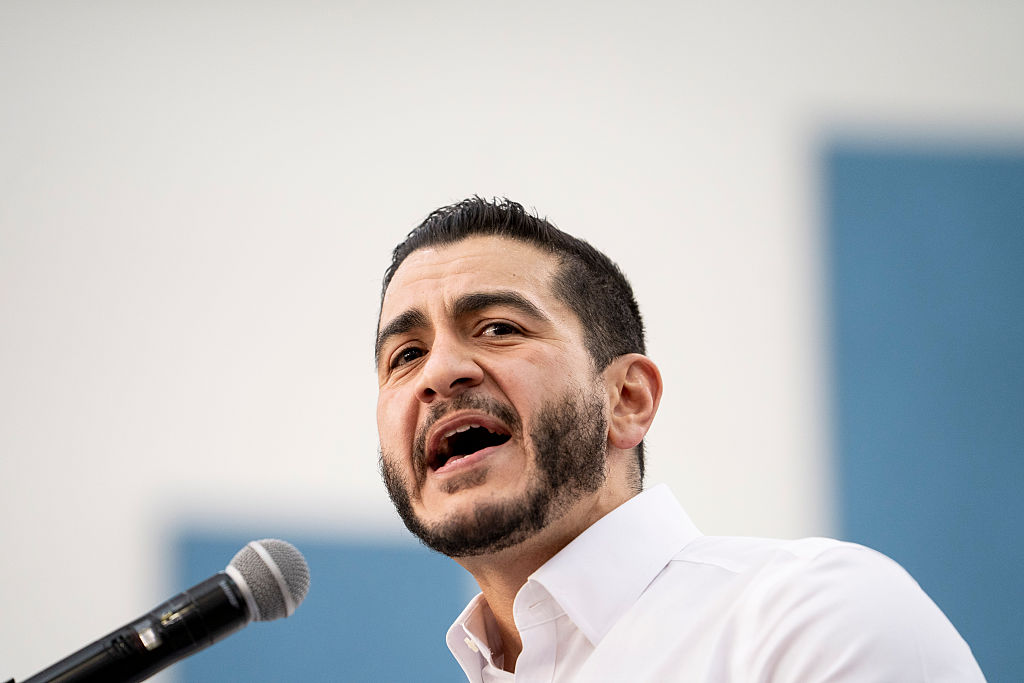 Abdul El-Sayed, candidate for US Senate in Michigan, speaks at Mumford High School on May 3, 2026, in Detroit, Michigan.