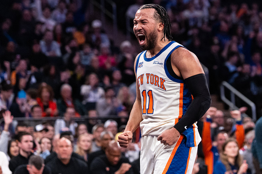 Jalen Brunson of the New York Knicks reacts during the first quarter of a game against the San Antonio Spurs at Madison Square Garden on March 1, 2026, in New York City.