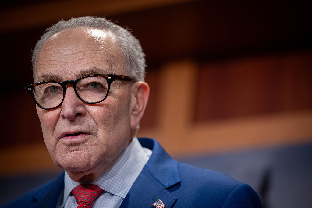 Senate Minority Leader Chuck Schumer speaks at a press conference in Washington, DC, on April 22, 2026.