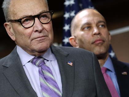 Senate Minority Leader Chuck Schumer (left) and House Minority Leader Hakeem Jeffries (right) attend a press conference on Department of Homeland Security (DHS) funding at the US Capitol on February 4, 2026, in Washington, DC.