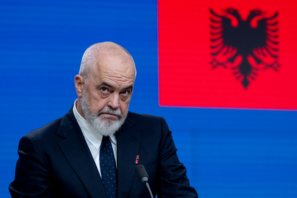 Edi Rama, Prime Minister of Albania, speaks during a press conference following the EU-Albania Intergovernmental Conference in Brussels, Belgium, on May 26, 2026. 