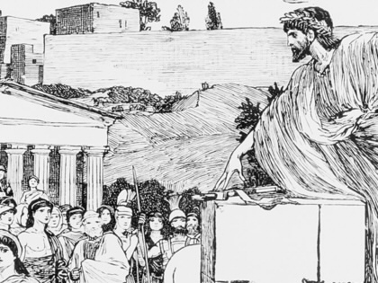 A woodcut of Demosthenes speaking to the Assembly in Ancient Athens.