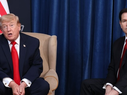 President Donald Trump speaks alongside US Secretary of State Marco Rubio during a bilateral meeting with the Emir of Qatar, Sheikh Tamim bin Hamad Al Thani, on the sidelines of the G7 summit, on June 16, 2026, in Evian-les-Bains, France.