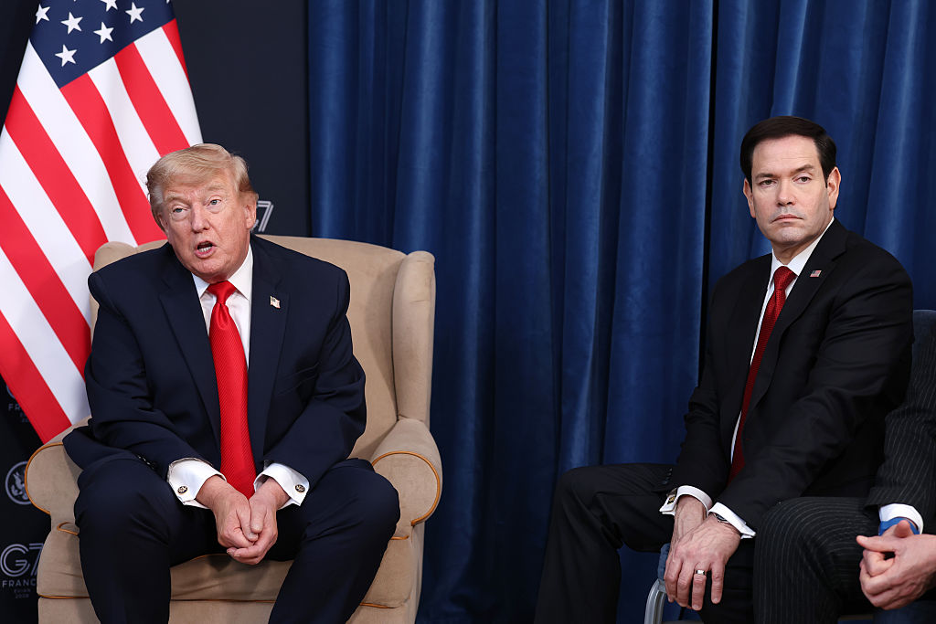 President Donald Trump speaks alongside US Secretary of State Marco Rubio during a bilateral meeting with the Emir of Qatar, Sheikh Tamim bin Hamad Al Thani, on the sidelines of the G7 summit, on June 16, 2026, in Evian-les-Bains, France.