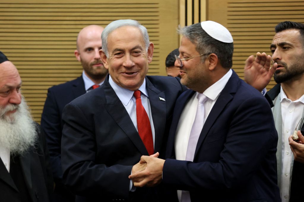 Benjamin Netanyahu greets Israeli National Security Minister Itamar Ben-Gvir, during a media briefing on May 23, 2023