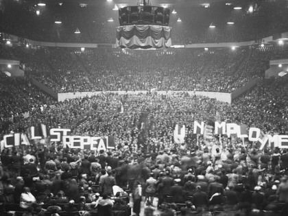 Madison Square Garden in New York jammed to capacity on November 3, 1932, as 22,000 socialists and their supporters gathered to hear the final plea for votes made by Norman Thomas, socialist candidate for president. A group of enthusiasts flaunted "Repeal Unemployment" signs.