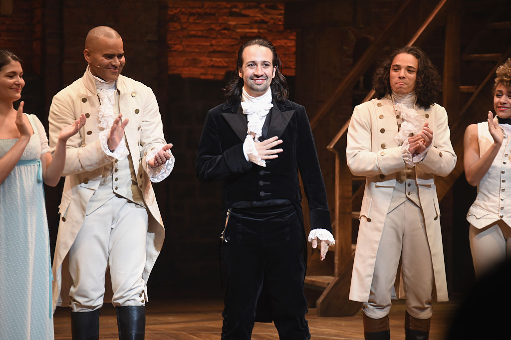 Phillipa Soo, Christopher Jackson, Lin-Manuel Miranda and Anthony Ramos in Lin-Manuel Miranda's final performance of "Hamilton" on Broadway at Richard Rodgers Theatre on July 9, 2016, in New York City.