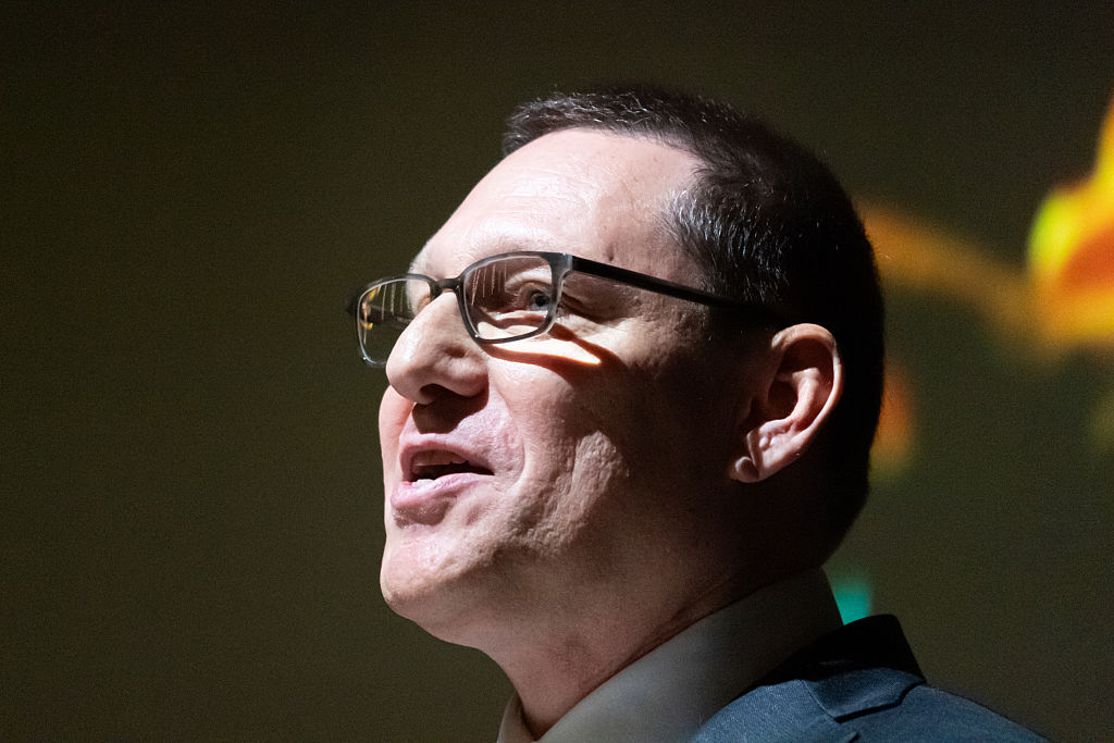 Newly elected NDP leader Avi Lewis speaks at a memorial service for this father, in Toronto, Canada, on April 26, 2026. 