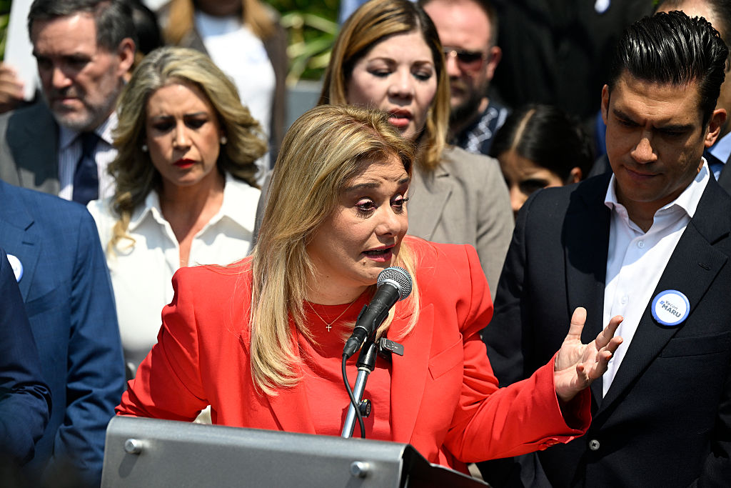 Chihuahua Governor Maru Campos gives a press conference in Mexico City.