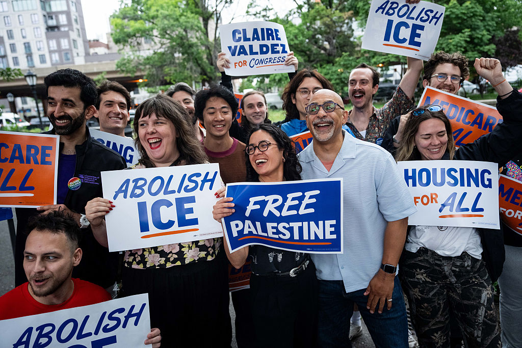 State Representative Emily Gallagher, a Democrat from New York, from center left, State Representative Claire Valdez, a Democrat from New York and US House candidate, and State Representative Chris Rabb, a Democrat from Pennsylvania and US Congressional candidate, during a canvass launch ahead of a primary election in the Brooklyn borough of New York on Monday, June 22, 2026.