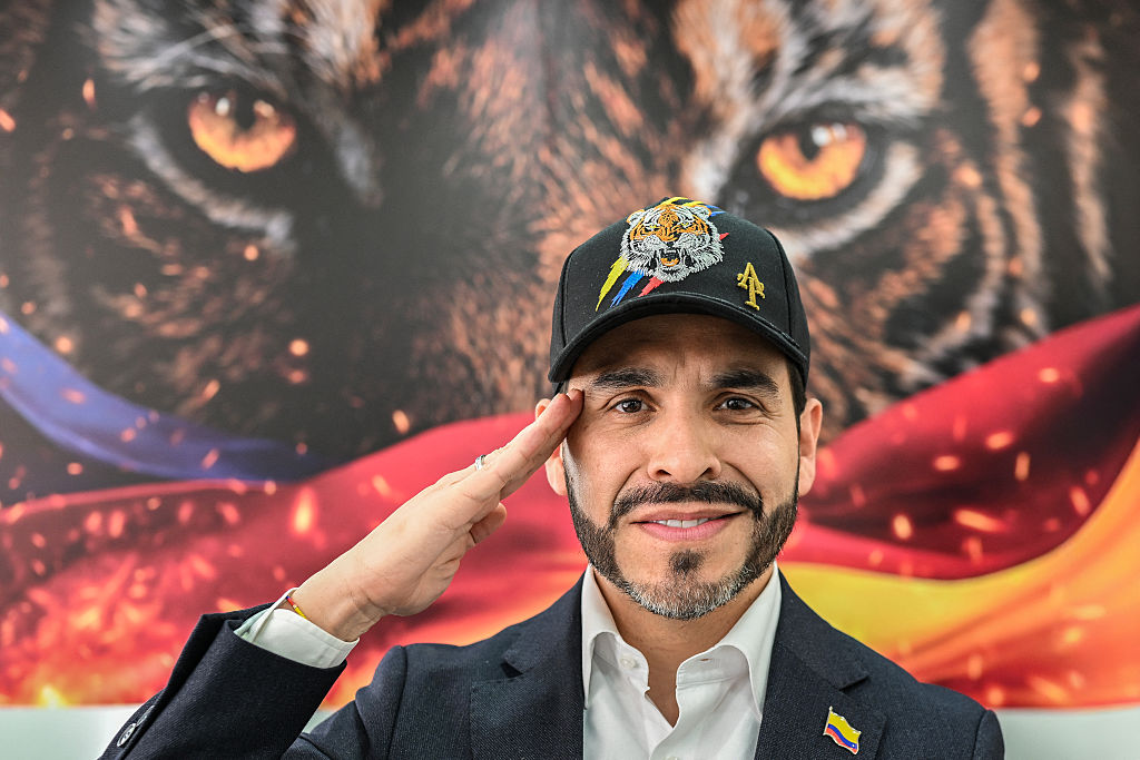 Colombian presidential candidate Abelardo de la Espriella salutes during an interview with Agence France-Presse in Bogota on February 11, 2026.