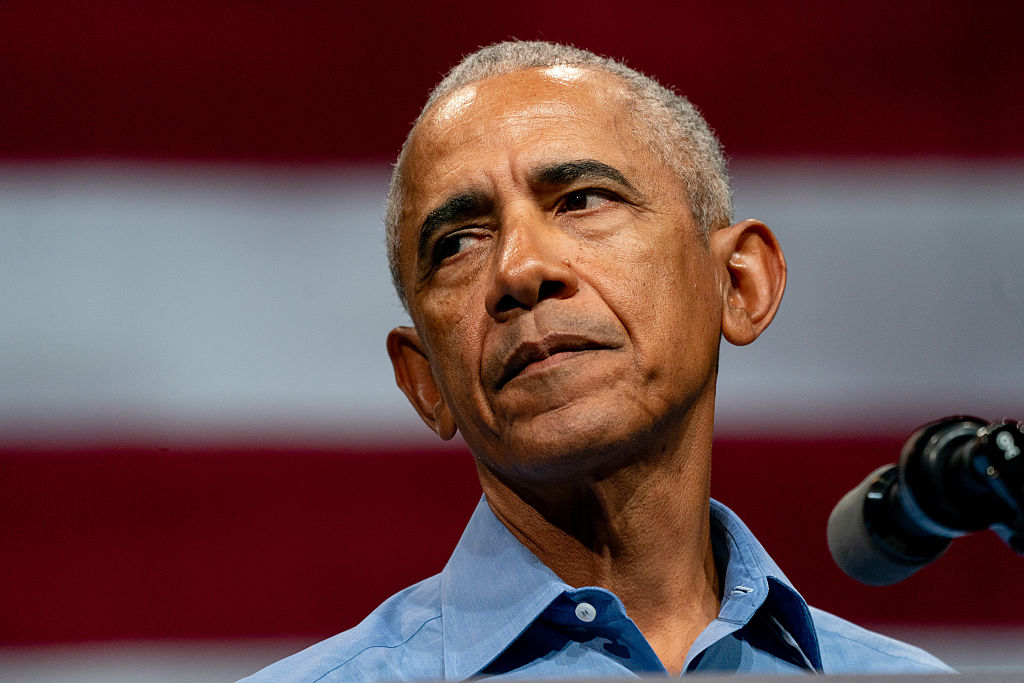 Barack Obama speaks during a 2025 campaign event for then–gubernatorial candidate for Virginia, Abigail Spanberger.