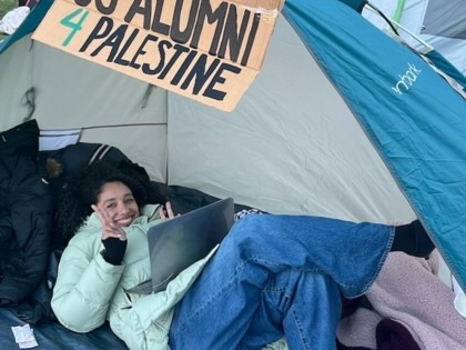 Darializa Avila Chevalier is photographed at an encampment in support of Palestine on the Columbia University campus. 