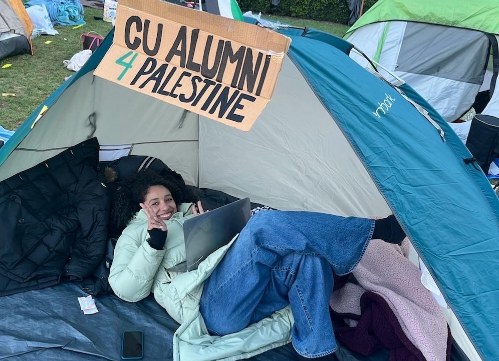 Darializa Avila Chevalier is photographed at an encampment in support of Palestine on the Columbia University campus. 
