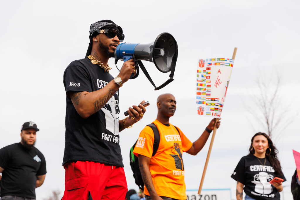 Labor leader Chris Smalls speaks at a rally outside of an Amazon warehouse in Staten Island, New York, on April 11, 2023.