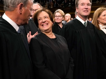 Supreme Court Justices John Roberts, Elena Kagan, Brett Kavanaugh, Amy Coney Barrett, and Ketanji Brown Jackson attend the State of the Union address on February 7, 2023.