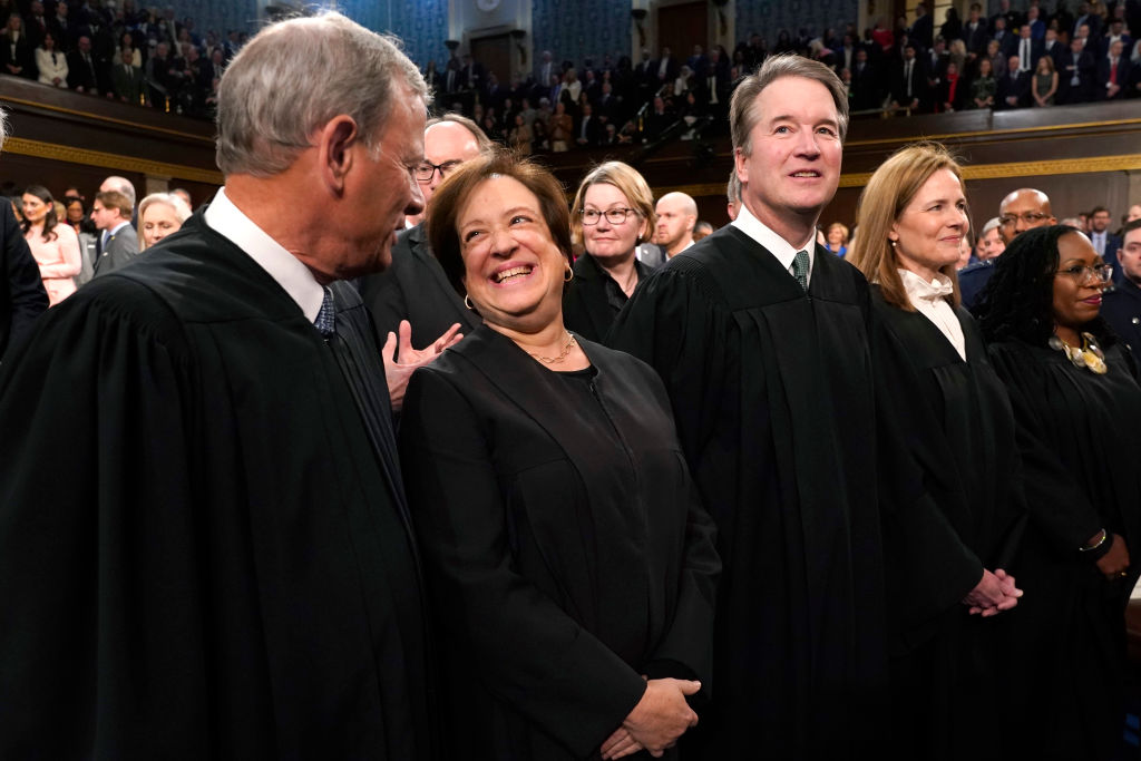 Supreme Court Justices John Roberts, Elena Kagan, Brett Kavanaugh, Amy Coney Barrett, and Ketanji Brown Jackson attend the State of the Union address on February 7, 2023.