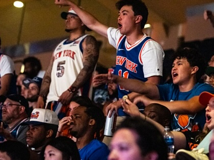 New York Knicks fans cheer during the watch party at Madison Square Garden for game two of the NBA Finals against the San Antonio Spurs on June 5, 2026, in New York City.