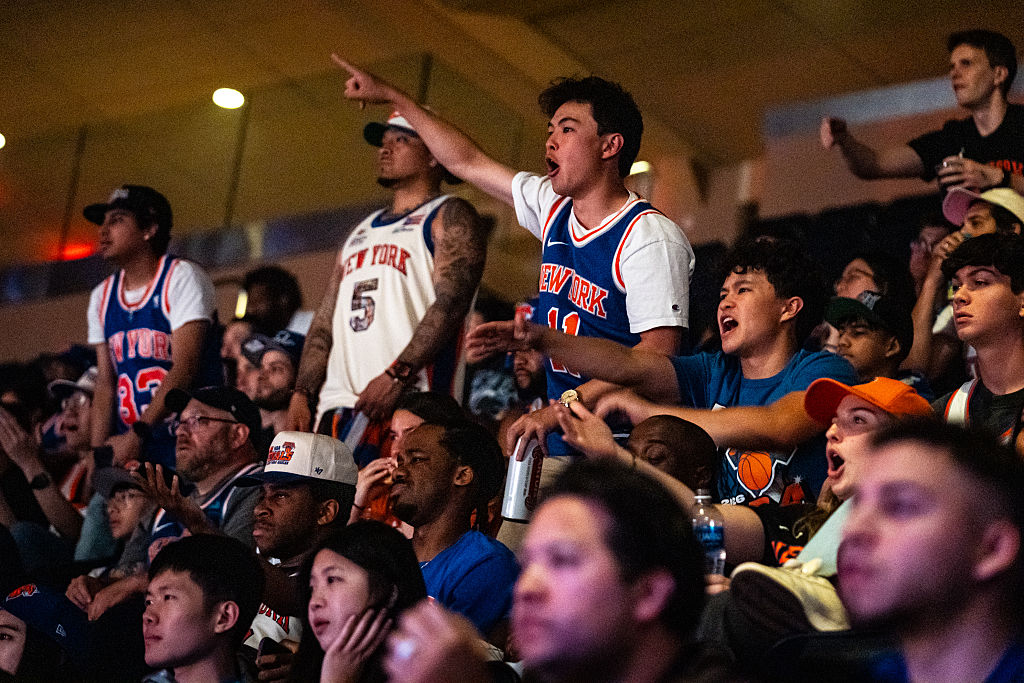 New York Knicks fans cheer during the watch party at Madison Square Garden for game two of the NBA Finals against the San Antonio Spurs on June 5, 2026, in New York City.