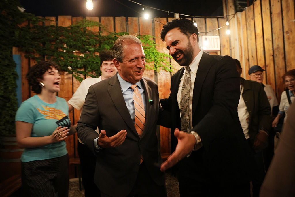 Brad Lander stands with Mayor Zohran Mamdani after declaring victory over his opponent, Rep. Dan Goldman, in Brooklyn on June 23, 2026, in New York City.