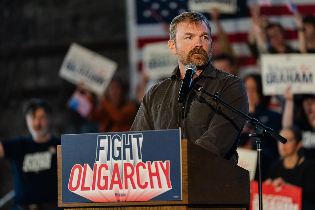 Graham Platner, Maine candidate for US Senate, speaks at a rally in Portland, Maine, on May 25, 2026.