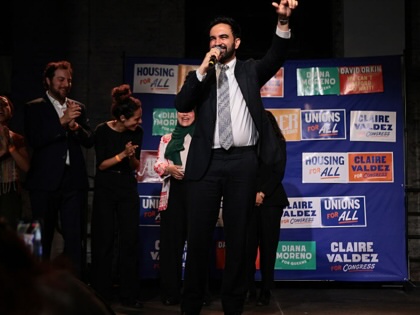 New York City Mayor Zohran Mamdani speaks during a primary-night watch party for NYC congressional candidate Claire Valdez at 99 Scott Studio on June 23, 2026, in the East Williamsburg neighborhood of the Brooklyn borough in New York City.