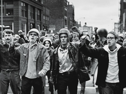Weatherman activists march in the October 1969 "Days of Rage" in Chicago, Illinois.