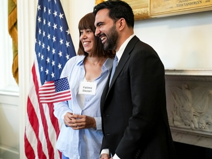 Zohran Mamdani speaks with newly naturalized citizens after giving a speech commemorating the 250th anniversary of the United States.