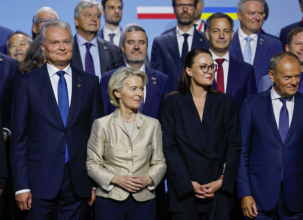 Lithuanian President Gitanas Nauseda, European Commission President Ursula von der Leyen, Ukraine's Prime Minister Yulia Svyrydenko and Polish Prime Minister Donald Tusk pose for a family photo of the Ukraine Recovery Conference (URC 2026) in Gdansk, Poland, on June 25, 2026.