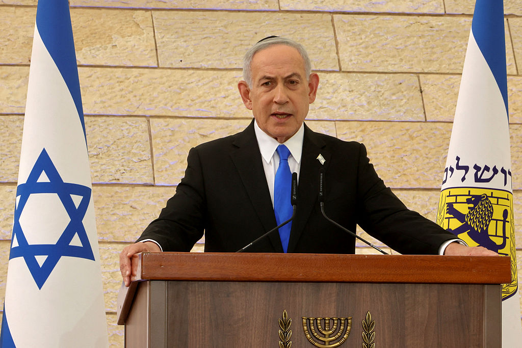Benjamin Netanyahu speaks during the annual ceremony on the eve of Israel's Remembrance Day for fallen soldiers in Jerusalem on April 20, 2026.