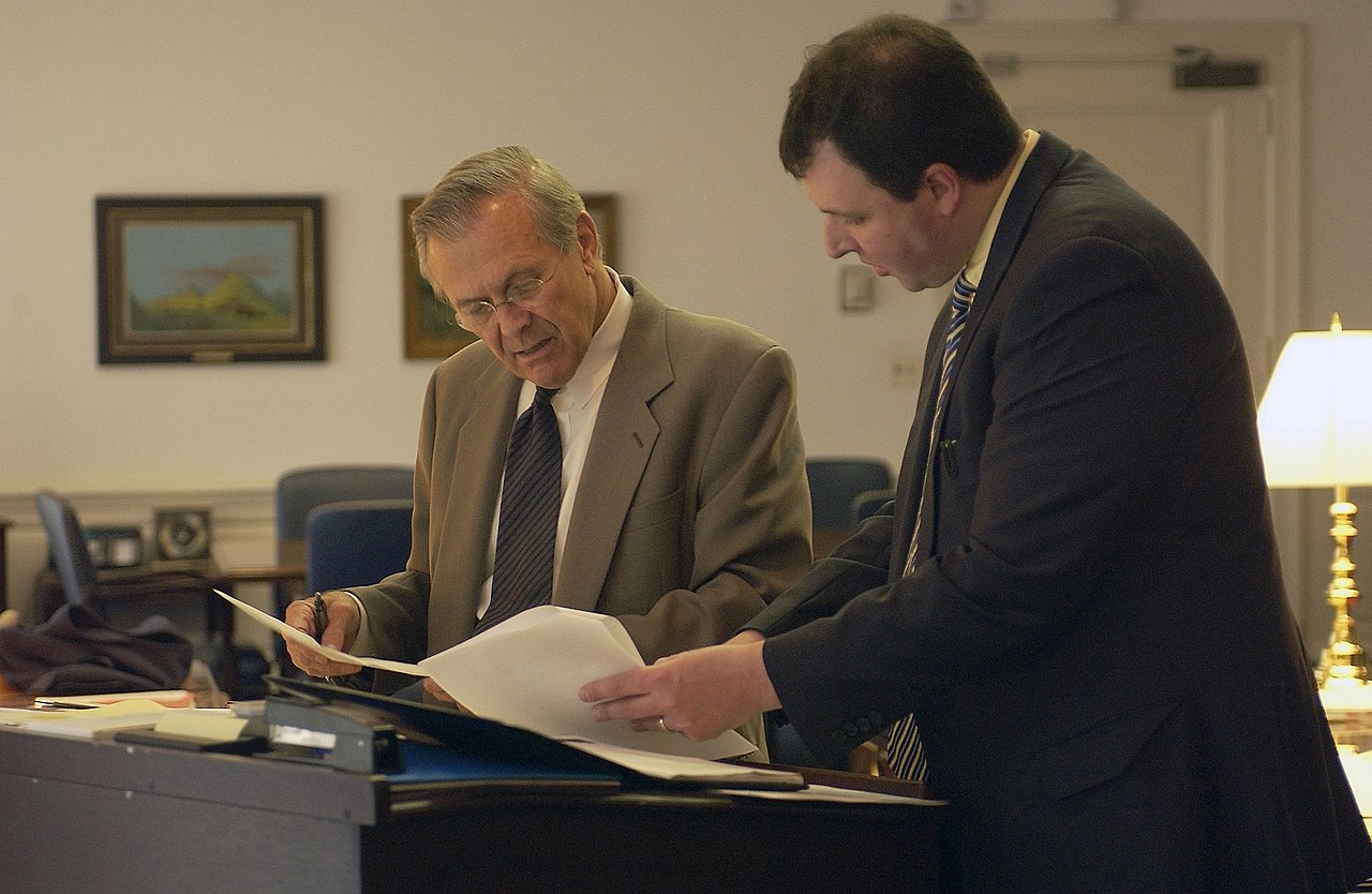 Donald Rumsfeld and Marc Thiessen in 2003.