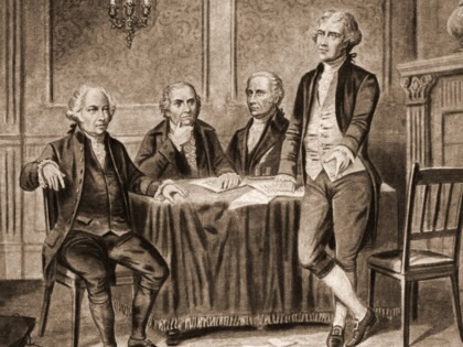 Illustration of four delegates to the Continental Congress that began in colonial America, 1774. From left to right, John Adams, Robert Morris, Alexander Hamilton, and Thomas Jefferson.