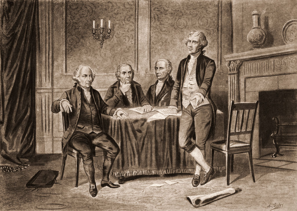 Illustration of four delegates to the Continental Congress that began in colonial America, 1774. From left to right, John Adams, Robert Morris, Alexander Hamilton, and Thomas Jefferson.