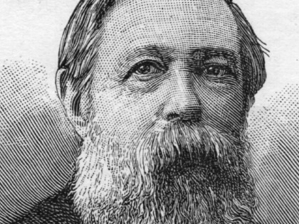 A black-and-white illustration of Friedrich Engels, circa 1980.