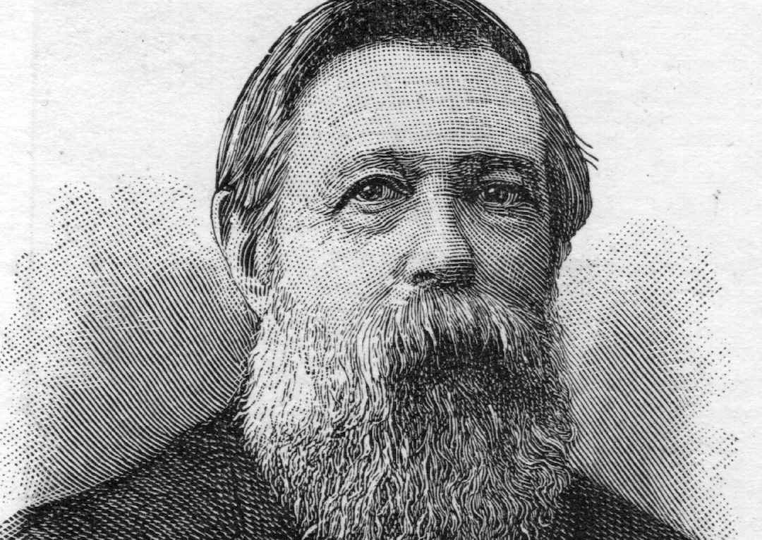 A black-and-white illustration of Friedrich Engels, circa 1980.