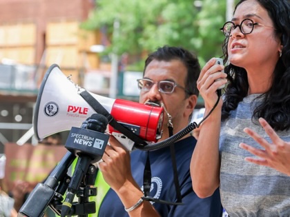 Claire Valdez speaks during a rally with Columbia Postdoctoral Workers at Columbia University Medical Center in New York on June 30, 2026.