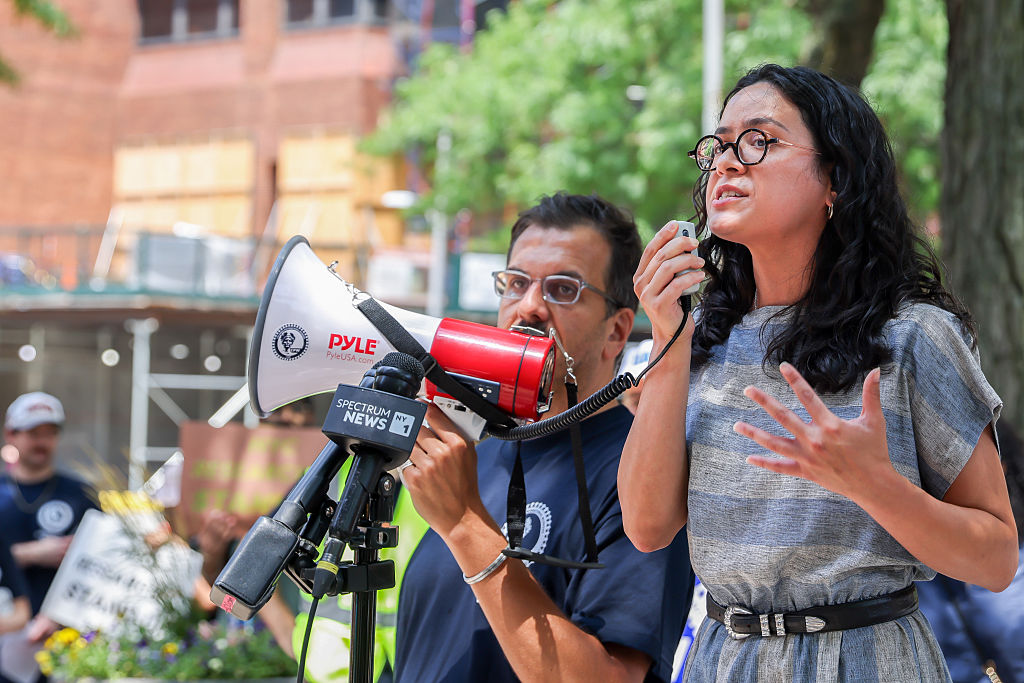 Claire Valdez speaks during a rally with Columbia Postdoctoral Workers at Columbia University Medical Center in New York on June 30, 2026.