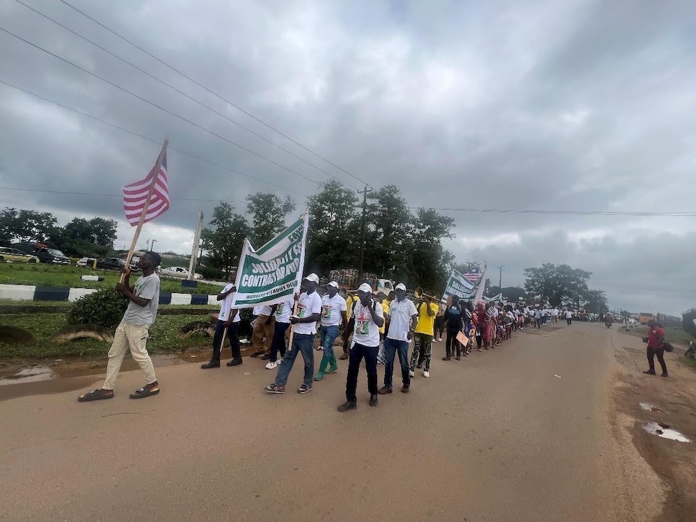 A preelection rally to support subcontracted Liberian workers. 