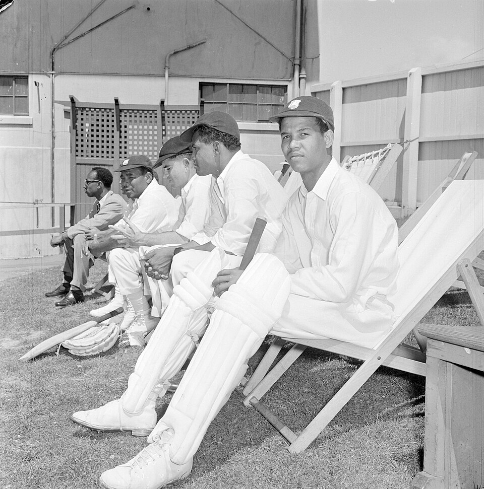 Garfield Sobers, front, photographed with other members of the West Indies cricket team during a match between Wellington and the West Indies at the Basin Reserve in Wellington, New Zealand, in 1956.
