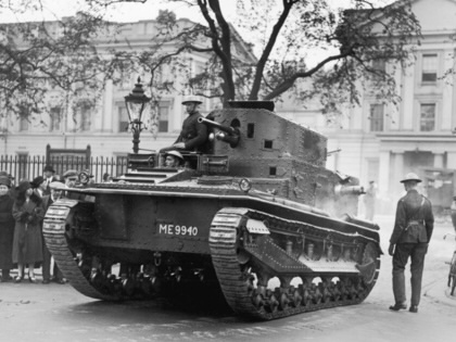 An armored tank leaves Wellington Barracks in London on May 10, the eighth and penultimate day of the 1926 general strike.