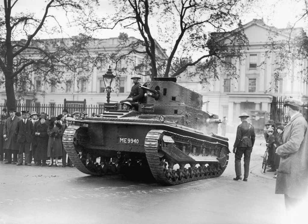 An armored tank leaves Wellington Barracks in London on May 10, the eighth and penultimate day of the 1926 general strike.