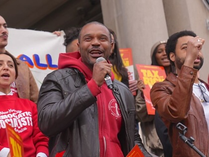 NYC-DSA hold a rally in Union Square marking the start of a campaign to tax the rich and win universal childcare on November 16, 2025, in New York City.
