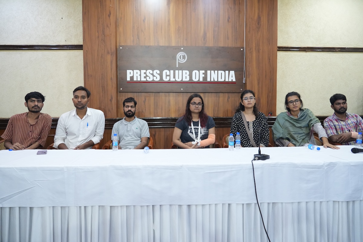 AISA President Neha Bora speaks at a July 21 press conference at the Press Club of India