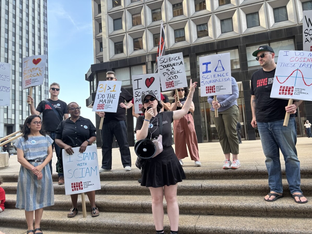 Claire Valdez attends a rally in support of workers at Scientific American.