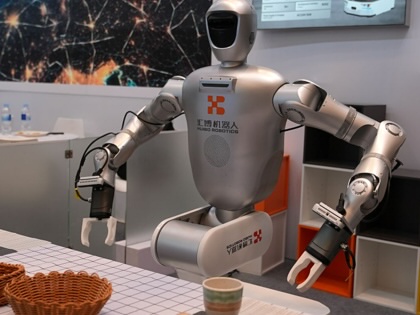Service robots on display at the Canton Fair in Guangzhou, Guangdong Province, China, on April 15, 2026.