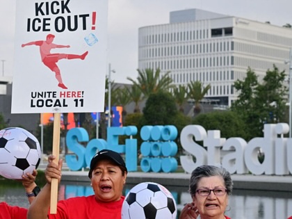 SoFi Stadium workers, including cooks, bartenders, dishwashers, servers, and cashiers, protest outside the stadium ahead of the 2026 FIFA World Cup in Inglewood, California, on May 18, 2026.