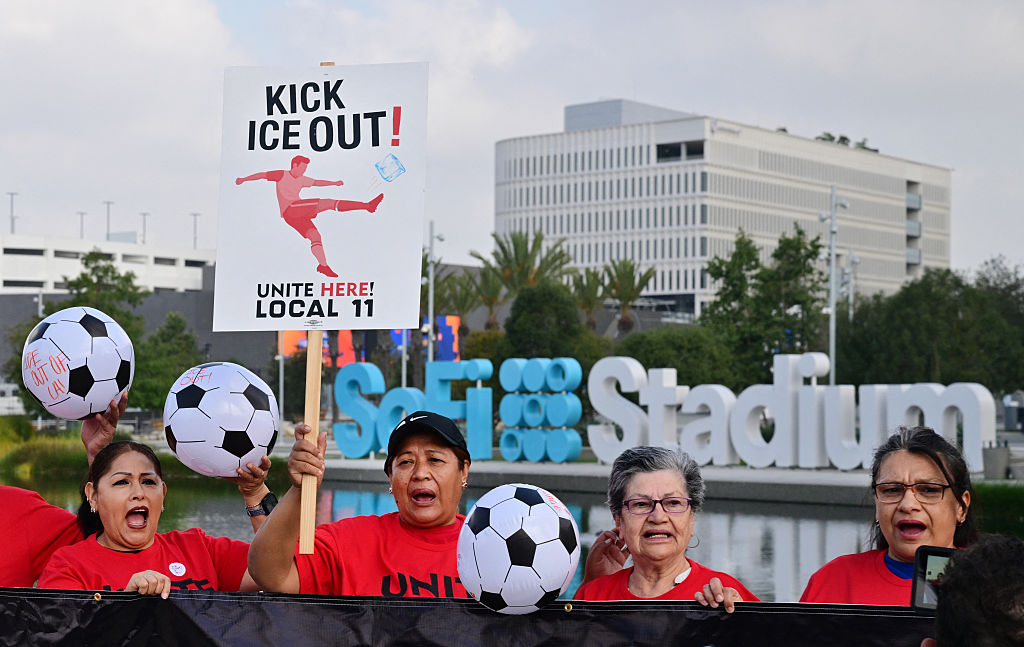 SoFi Stadium workers, including cooks, bartenders, dishwashers, servers, and cashiers, protest outside the stadium ahead of the 2026 FIFA World Cup in Inglewood, California, on May 18, 2026.