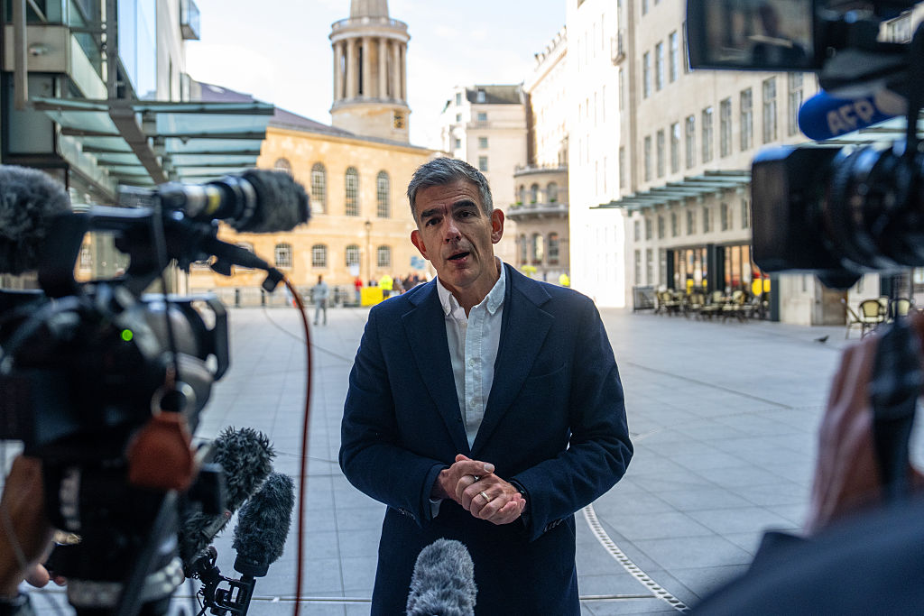 BBC Director-General Matt Brittin speaks to the media outside Broadcasting House as he arrives on the first day in his new role, on May 18, 2026, in London, United Kingdom.