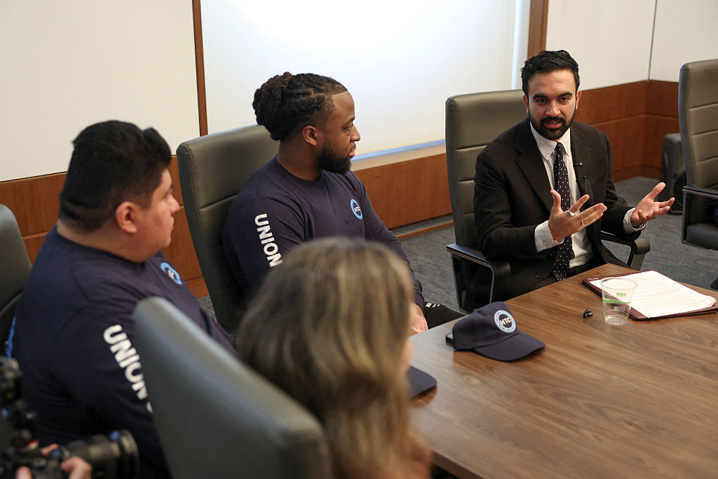 Zohran Mamdani hosts a "Reverse Town Hall" with New York union workers on October 17, 2025, in New York City.