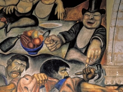 Orozco mural showing the wealthy dining while the workers fight among themselves